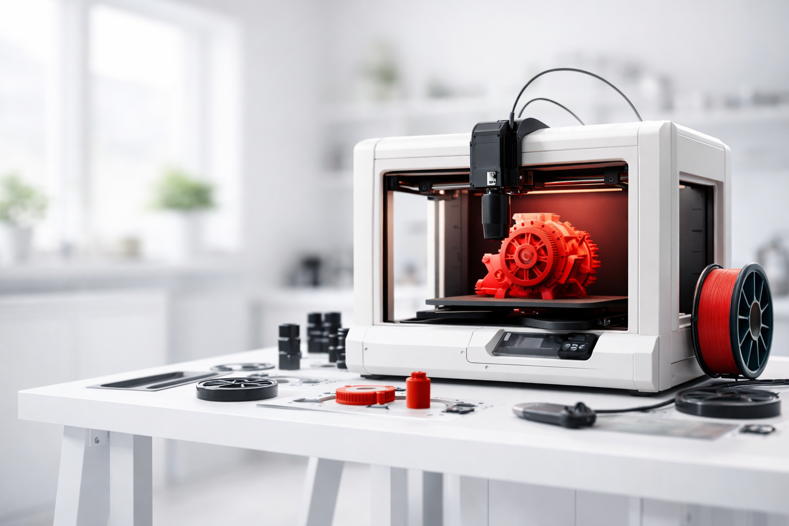 Industrial 3D printer creating a glowing part